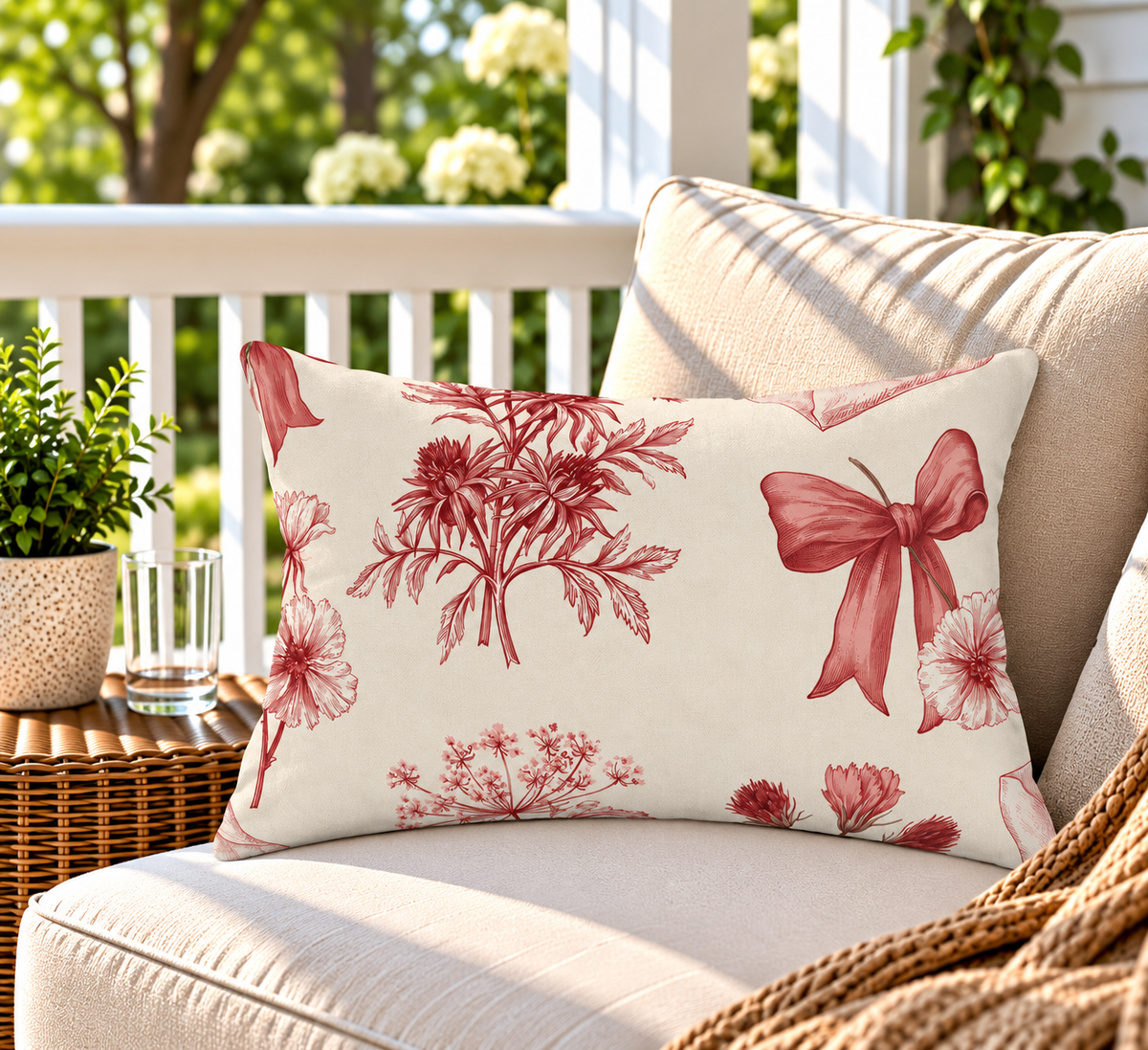 Red toile love letter floral outdoor lumbar pillow styled on patio furniture