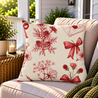 Red toile love letter floral outdoor pillow styled on patio furniture