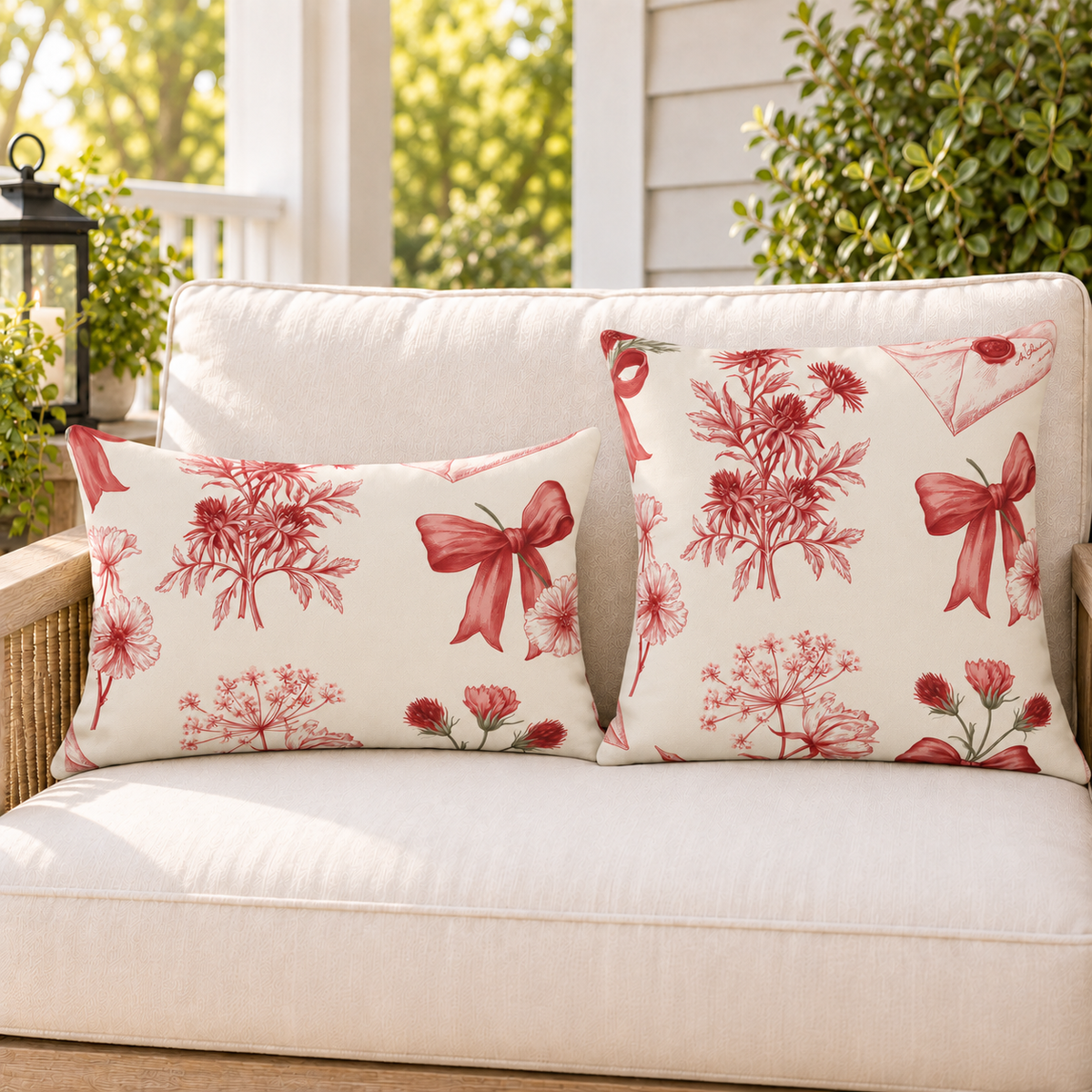 Red toile love letter floral outdoor pillow and outdoor lumbar pillow styled together as a set