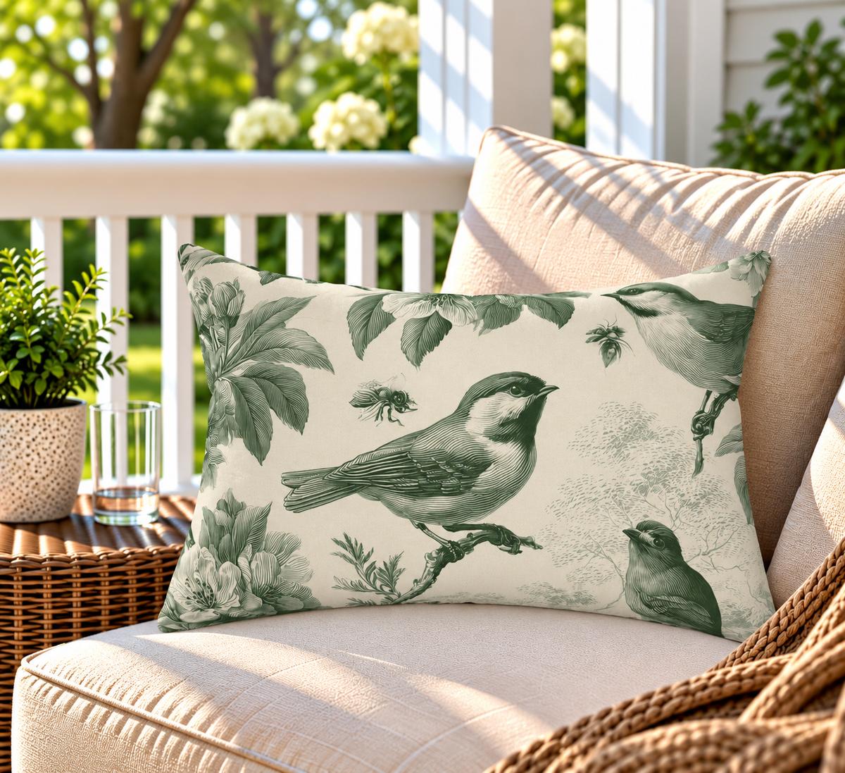 Green toile songbird outdoor lumbar pillow styled on patio furniture