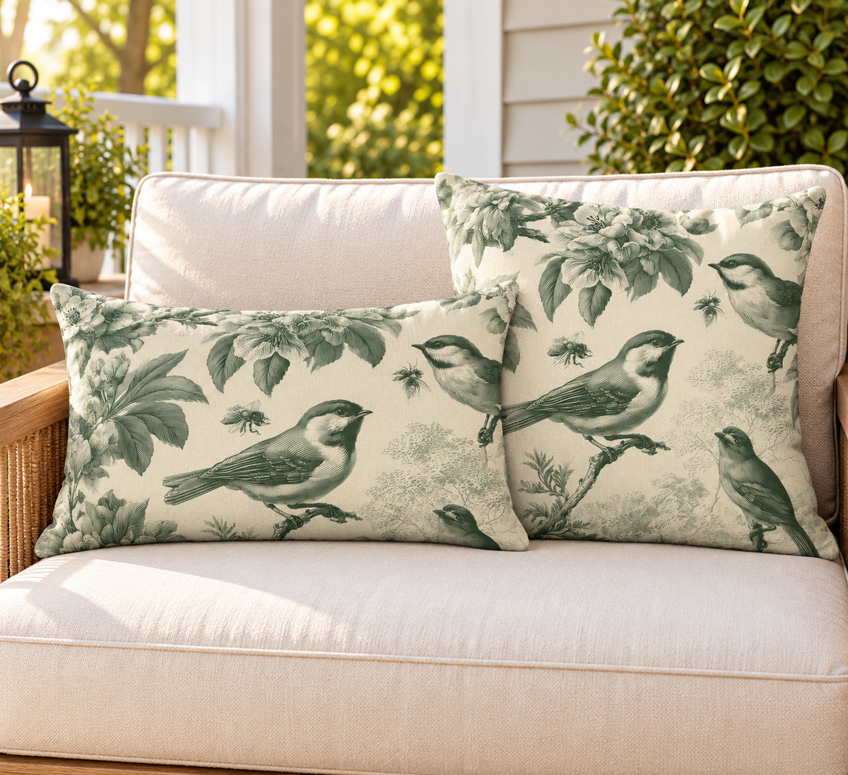 Green toile songbird outdoor pillow and outdoor lumbar pillow styled together as a set