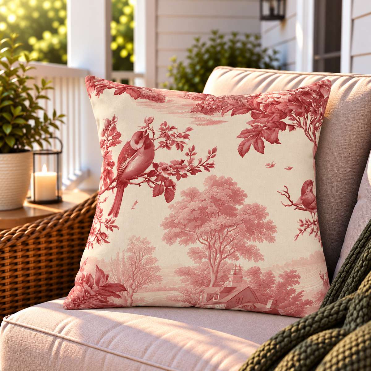 Red country toile songbird outdoor pillow styled on patio furniture