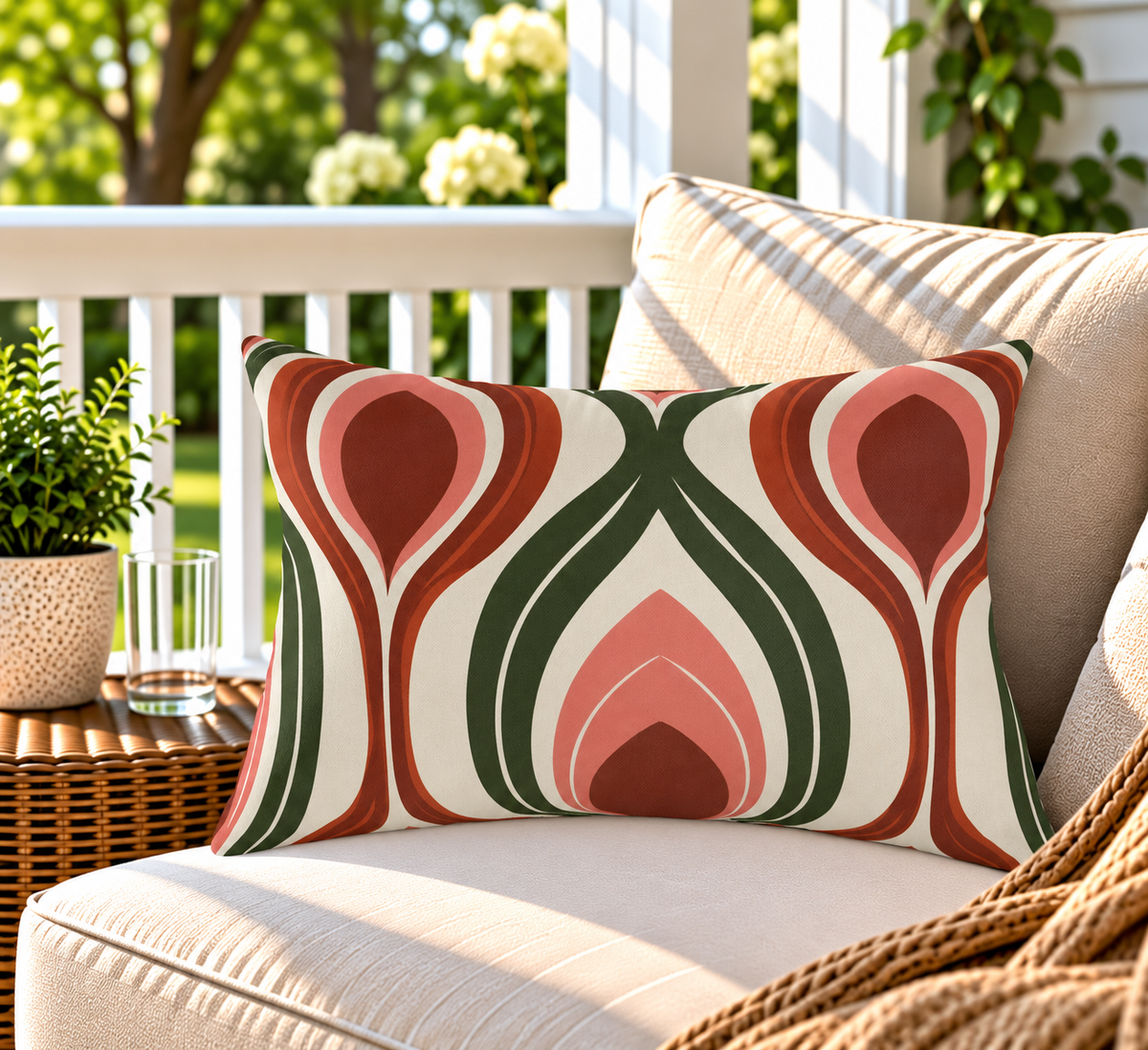 Rust and green retro ogee outdoor lumbar pillow styled on patio furniture