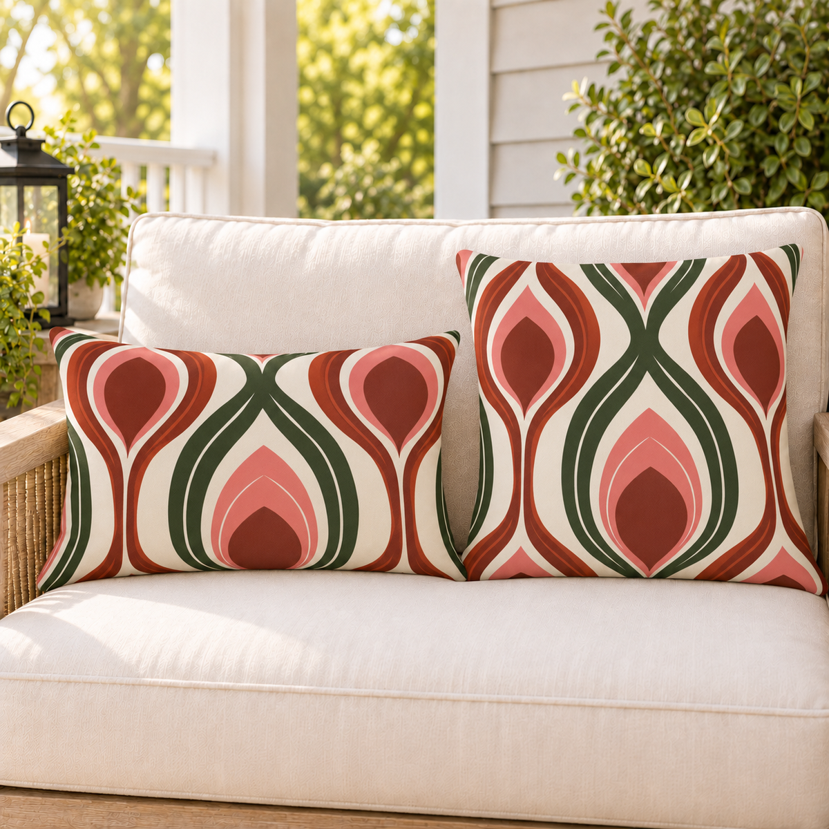 Rust and green retro ogee outdoor pillow and outdoor lumbar pillow styled together as a set