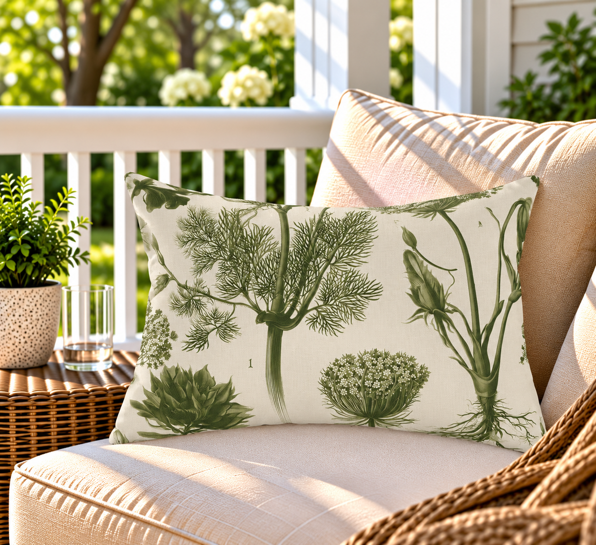 Olive green botanical herb outdoor lumbar pillow styled on patio furniture