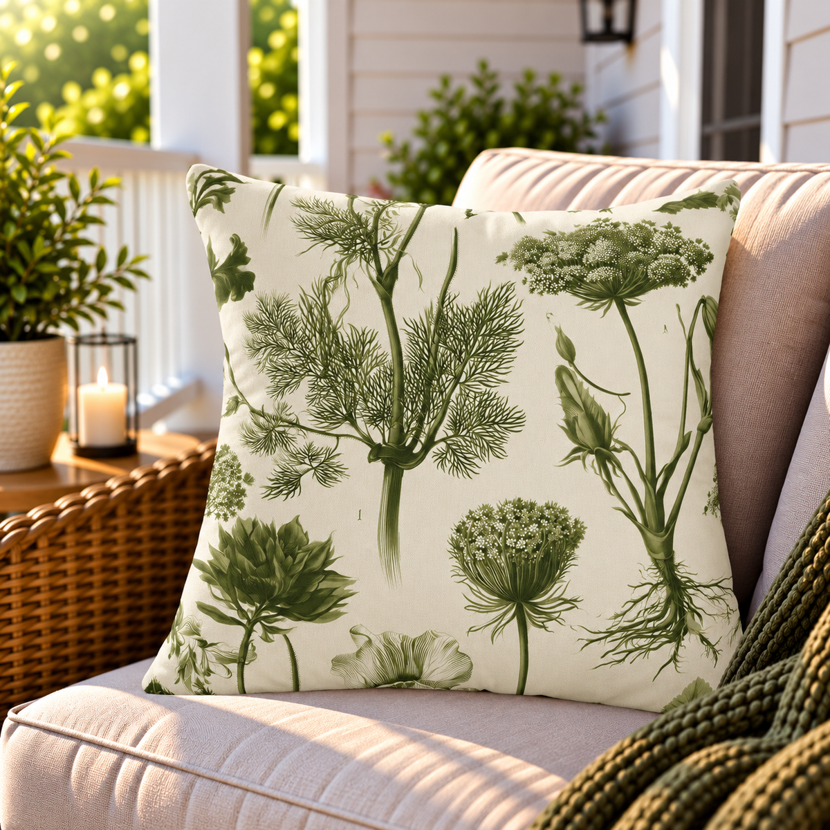 Olive green botanical herb outdoor pillow styled on patio furniture
