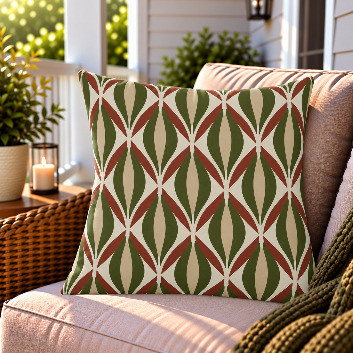 Green and rust retro ogee outdoor pillow styled on patio furniture