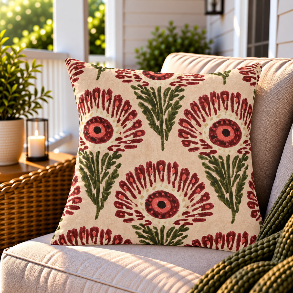 Wine red block print flower outdoor pillow styled on patio furniture