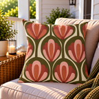 Olive and rust retro tulip outdoor pillow styled on patio furniture