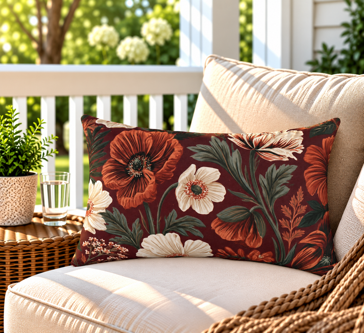 Burgundy poppy floral outdoor lumbar pillow styled on patio furniture