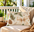 Cream Christmas holly and pinecone outdoor lumbar pillow styled on patio furniture