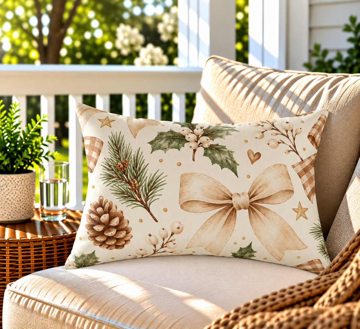Cream Christmas holly and pinecone outdoor lumbar pillow styled on patio furniture