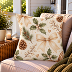 Cream Christmas holly and pinecone outdoor pillow styled on patio furniture