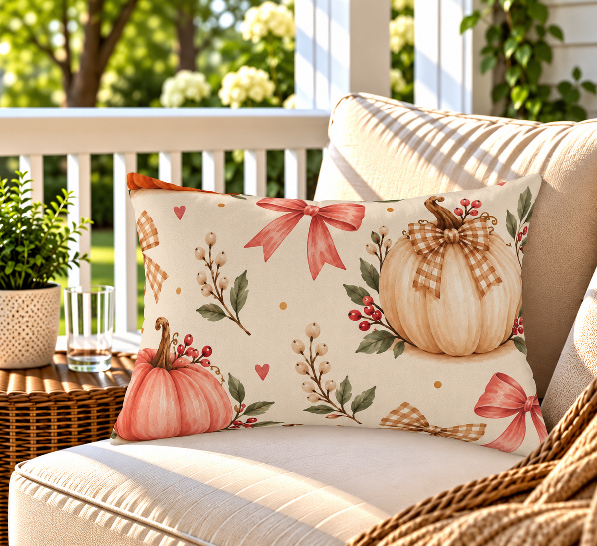 Cream fall pumpkin and bow outdoor lumbar pillow styled on patio furniture