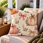 Cream fall pumpkin and bow outdoor pillow styled on patio furniture