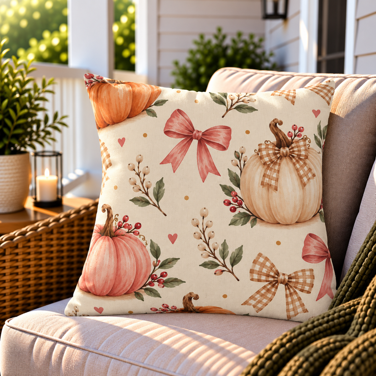 Cream fall pumpkin and bow outdoor pillow styled on patio furniture