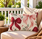 Red satin bow winter outdoor lumbar pillow styled on patio furniture