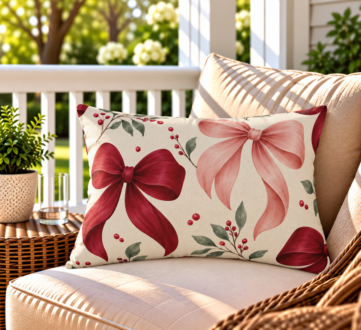 Red satin bow winter outdoor lumbar pillow styled on patio furniture