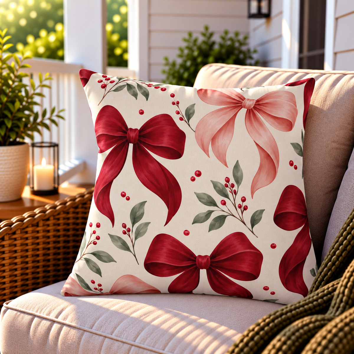 Red satin bow winter outdoor pillow styled on patio furniture