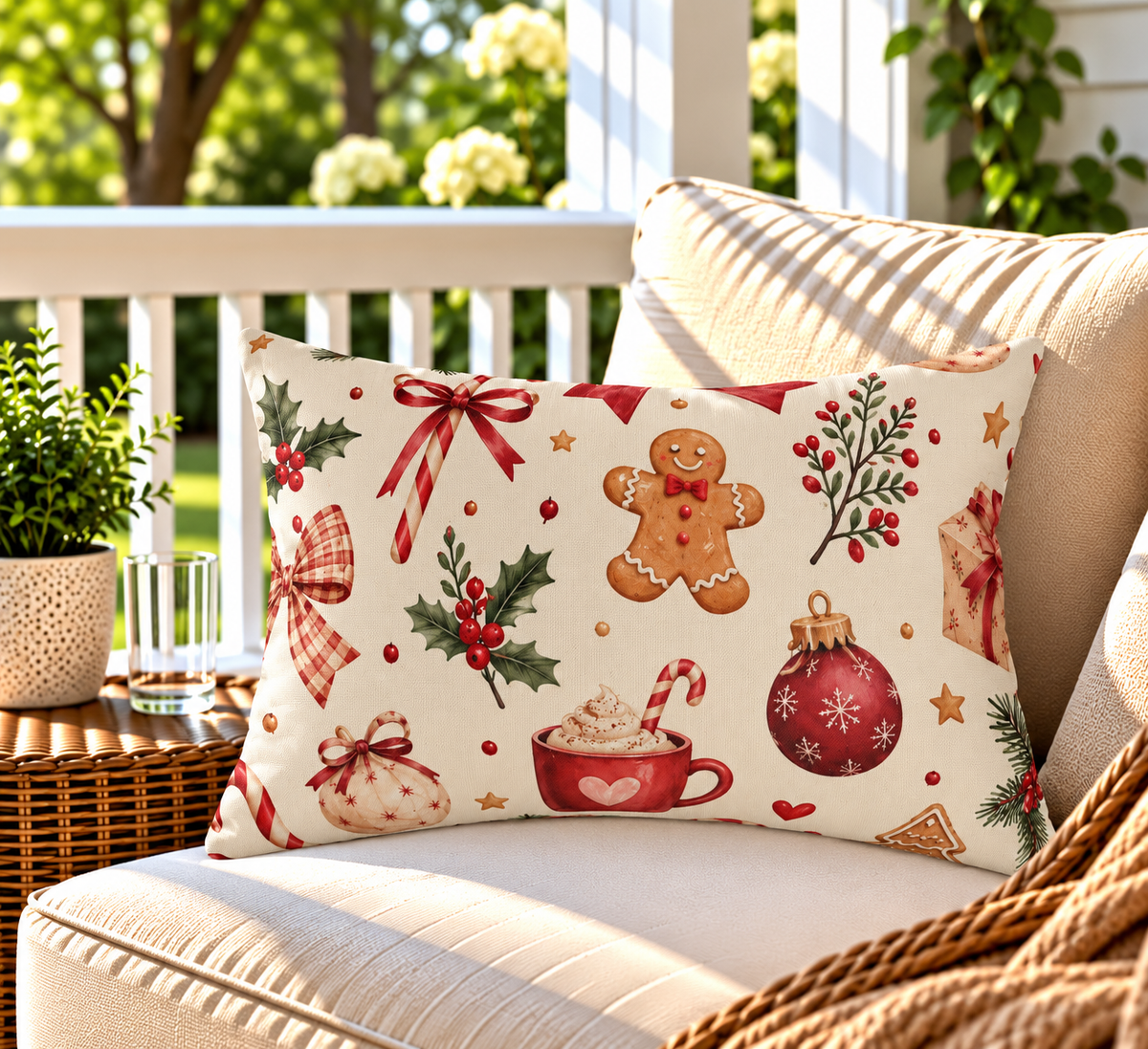 Red gingerbread and candy cane Christmas outdoor lumbar pillow styled on patio furniture