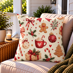 Red gingerbread and candy cane Christmas outdoor pillow styled on patio furniture