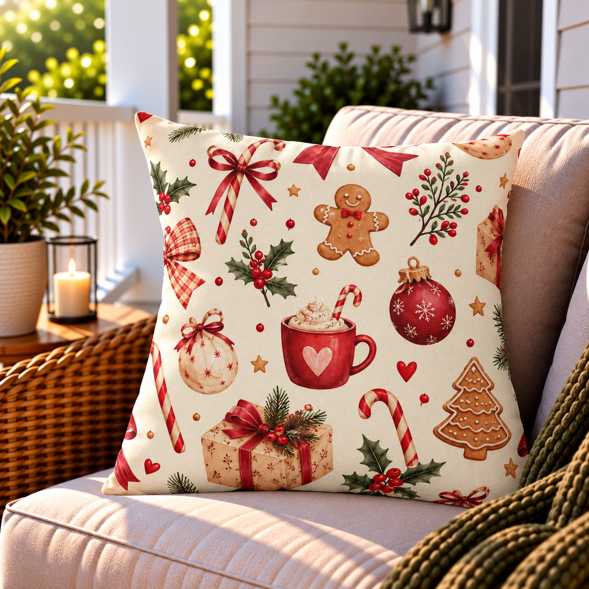 Red gingerbread and candy cane Christmas outdoor pillow styled on patio furniture