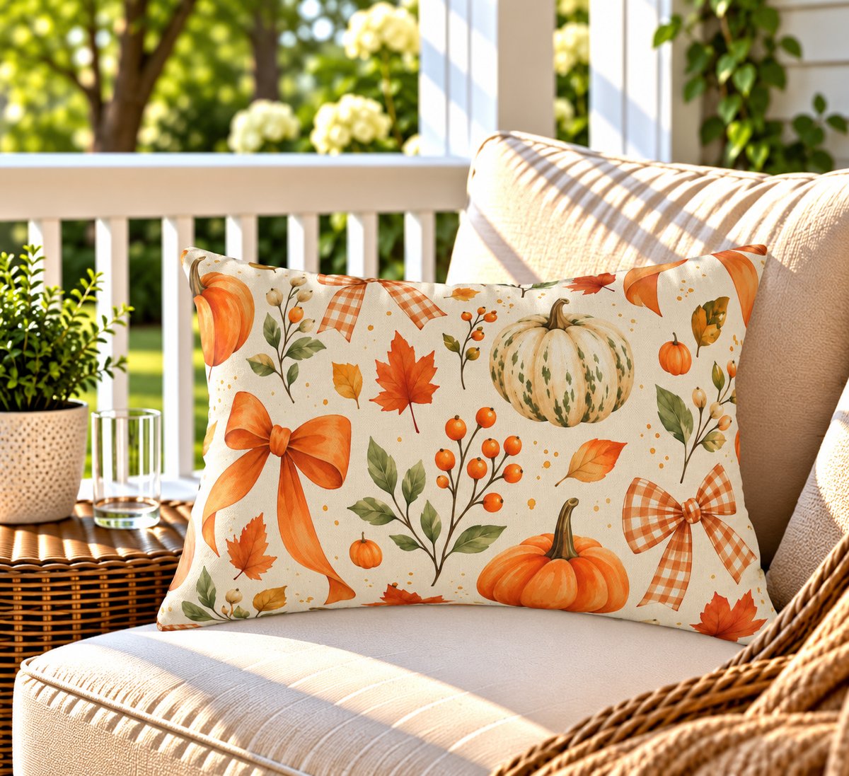 Orange pumpkin and bow fall outdoor lumbar pillow styled on patio furniture