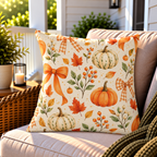 Orange pumpkin and bow fall outdoor pillow styled on patio furniture