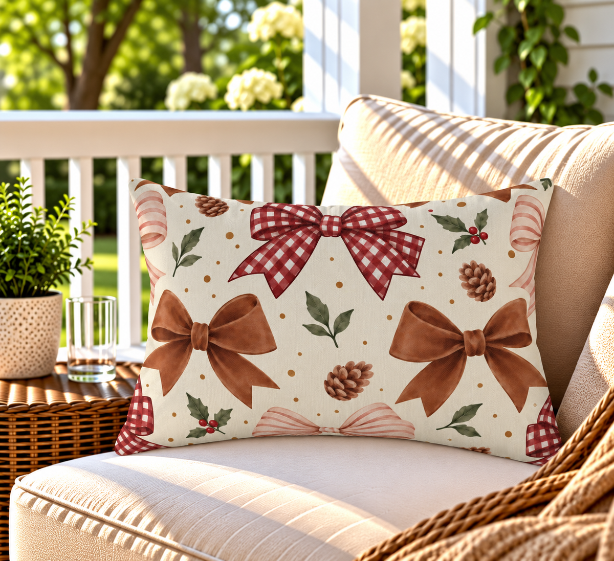 Brown and red gingham bow Christmas outdoor lumbar pillow styled on patio furniture
