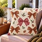 Brown and red gingham bow Christmas outdoor pillow styled on patio furniture