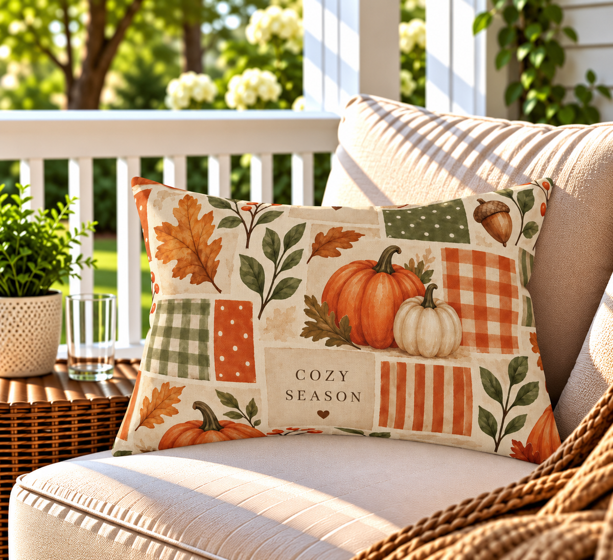 Autumn patchwork outdoor lumbar pillow in orange and sage styled on a porch