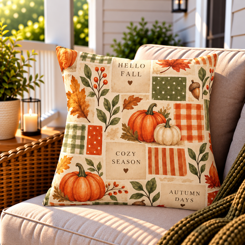Autumn patchwork outdoor pillow in orange and sage styled on a porch