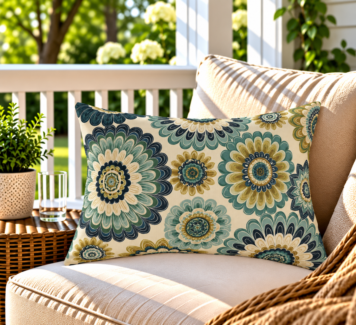 Teal and ochre folk flower outdoor lumbar pillow styled on a sunny porch