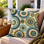 Teal and ochre folk flower outdoor pillow styled on a sunny porch