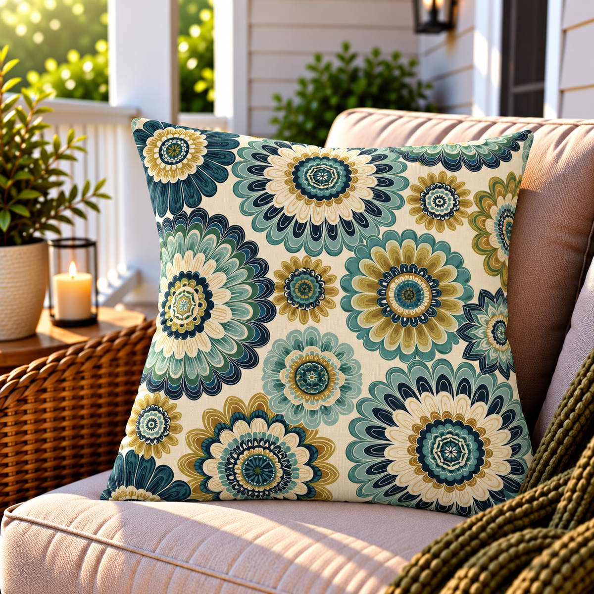 Teal and ochre folk flower outdoor pillow styled on a sunny porch