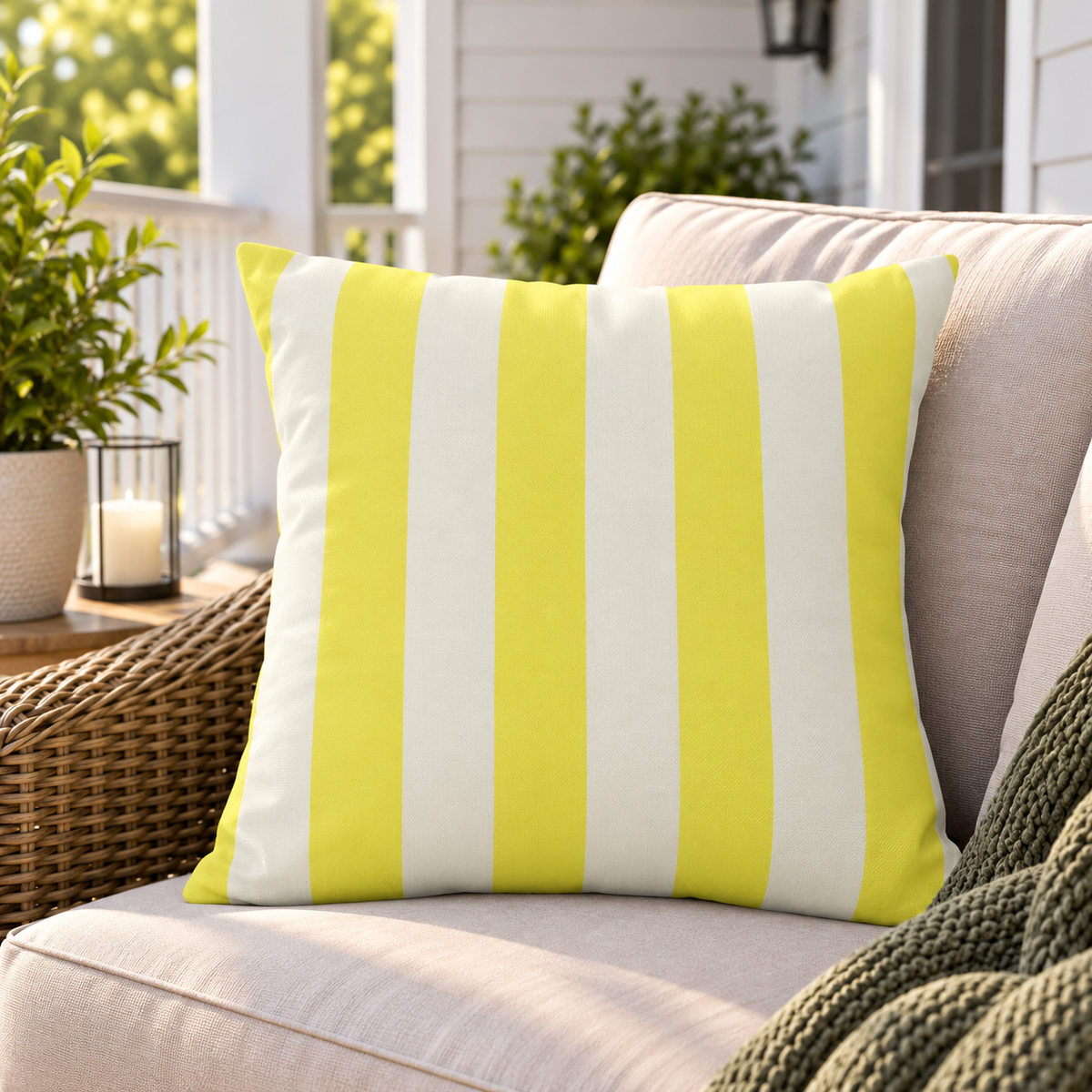 Yellow and cream striped outdoor pillow, second view