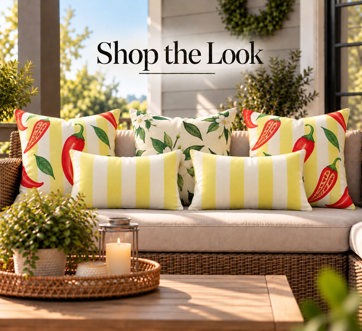 Chili pepper, pepper blossom and yellow cabana stripe outdoor pillows styled together on a porch sofa