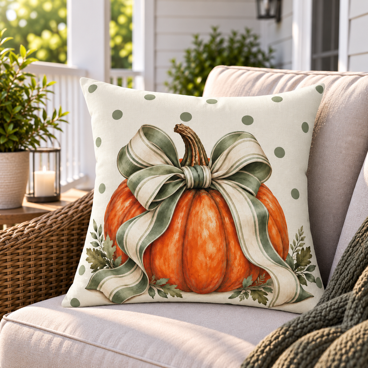 Sage bow pumpkin outdoor pillow styled on a porch