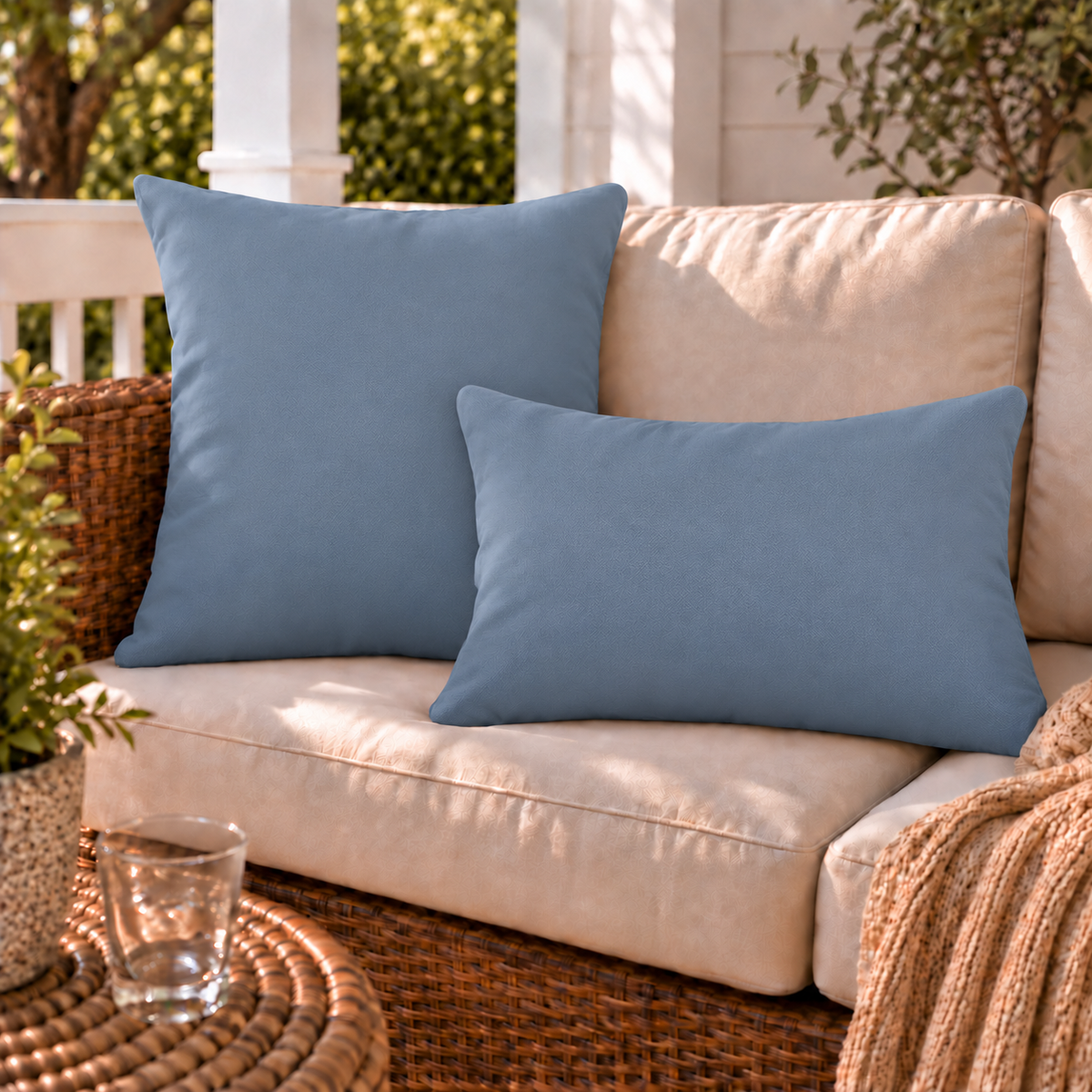 Solid dusty blue outdoor pillow and outdoor lumbar pillow styled together as a set