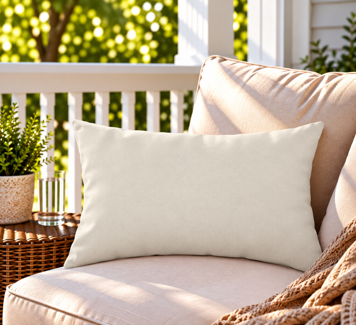 Solid cream neutral outdoor lumbar pillow styled on patio furniture