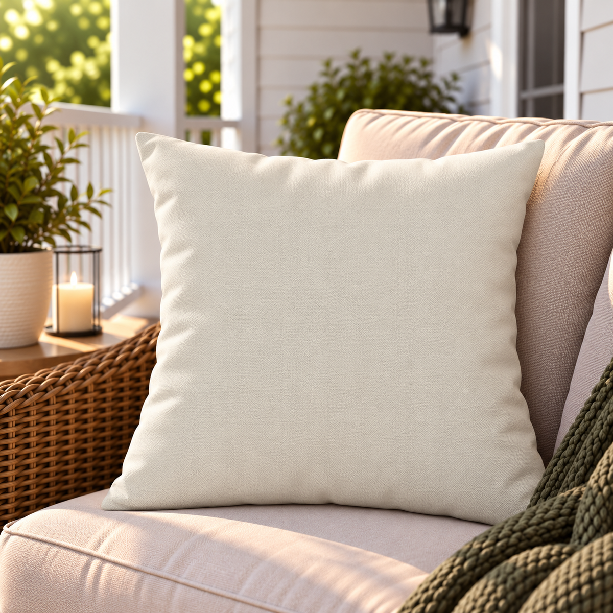 Solid cream neutral outdoor pillow styled on patio furniture