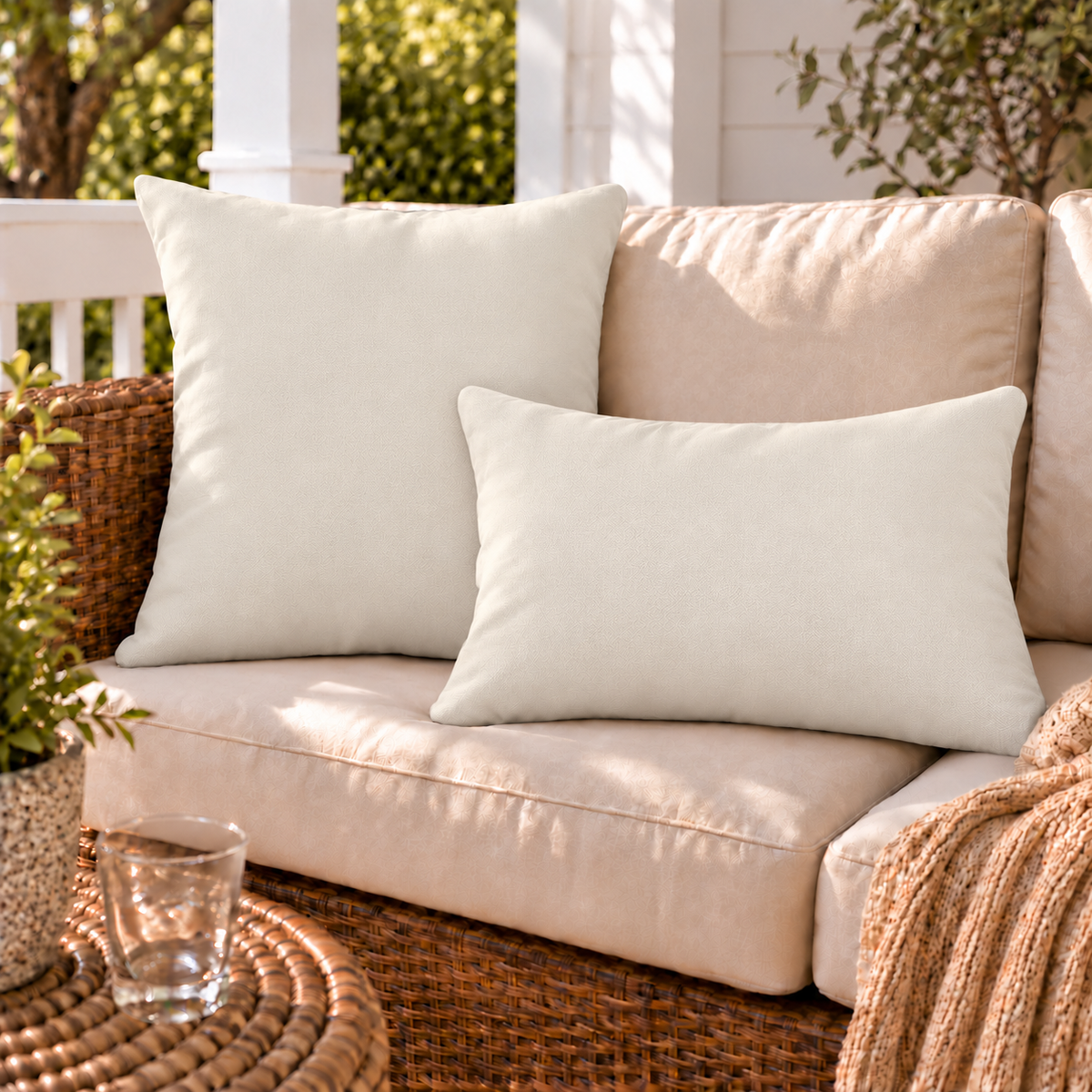 Solid cream neutral outdoor pillow and outdoor lumbar pillow styled together as a set