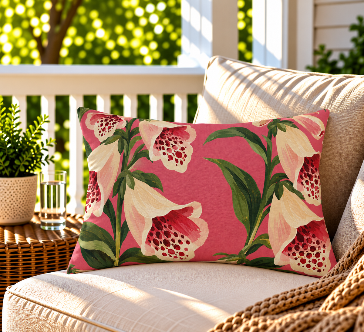 Pink foxglove floral outdoor lumbar pillow styled on patio furniture