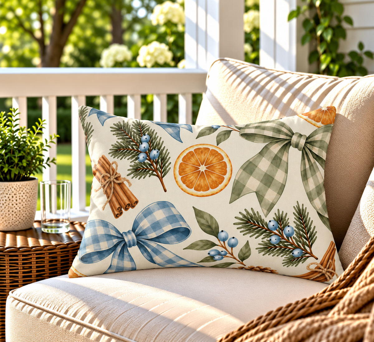 Blue gingham bow and dried orange Christmas outdoor lumbar pillow styled on patio furniture