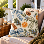 Blue gingham bow and dried orange Christmas outdoor pillow styled on patio furniture
