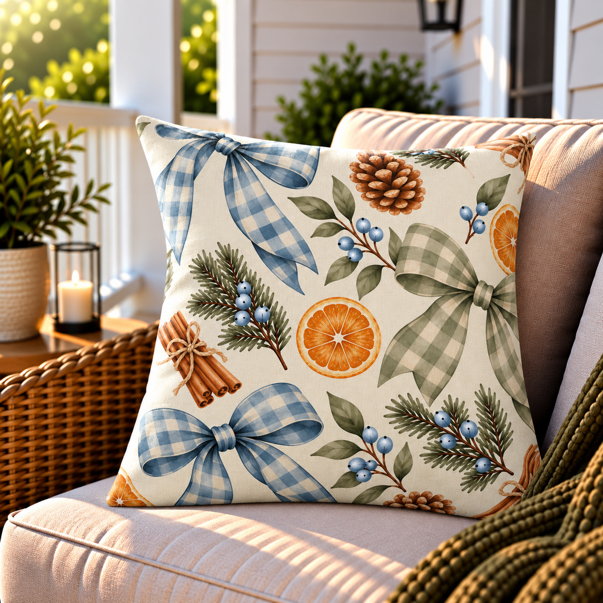 Blue gingham bow and dried orange Christmas outdoor pillow styled on patio furniture