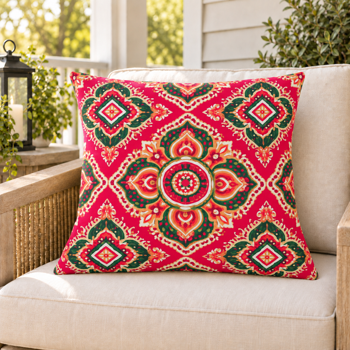 Pink Moroccan medallion outdoor pillow styled on patio furniture