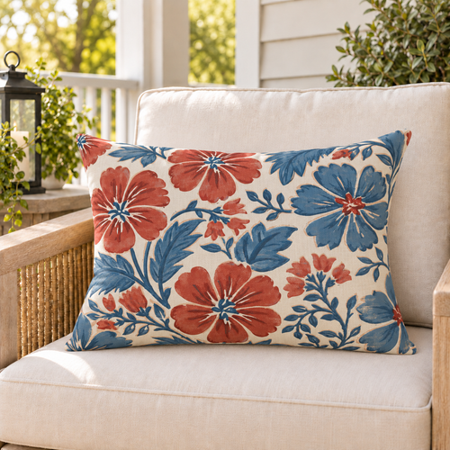 Red and blue block print floral outdoor lumbar pillow styled on patio furniture