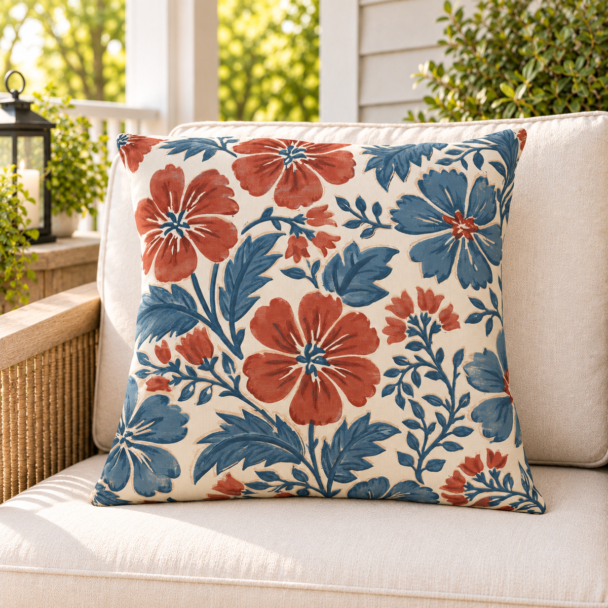 Red and blue block print floral outdoor pillow styled on patio furniture