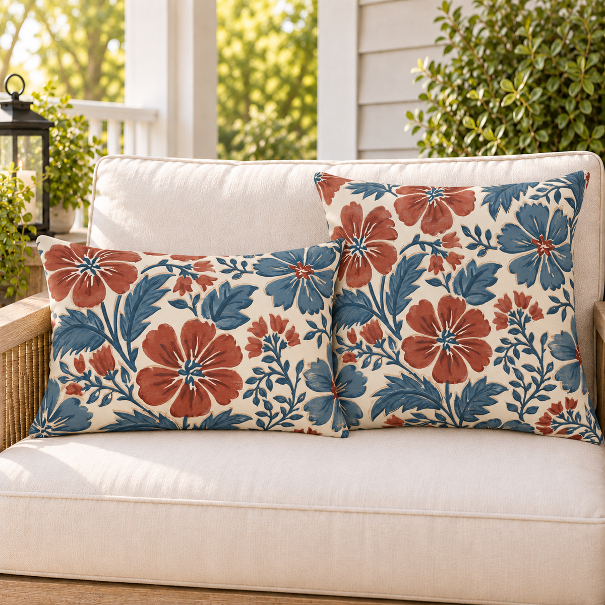 Red and blue block print floral outdoor pillow and outdoor lumbar pillow styled together as a set